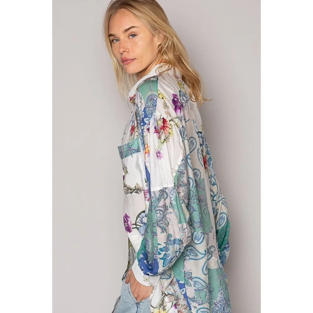 POL Ivory & Teal Blue Floral & Paisley Print Relaxed Fit Button Up Shirt - Picture 7 of 13